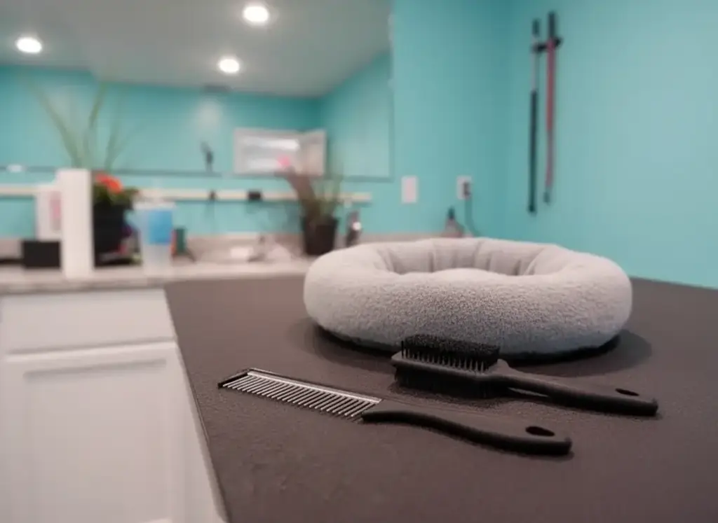 A fleece cat bed, a fine-tooth comb and a soft brush on the grooming table