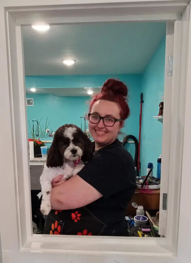 A groomer holding a Cavalier in the salon doorway with teal walls behind